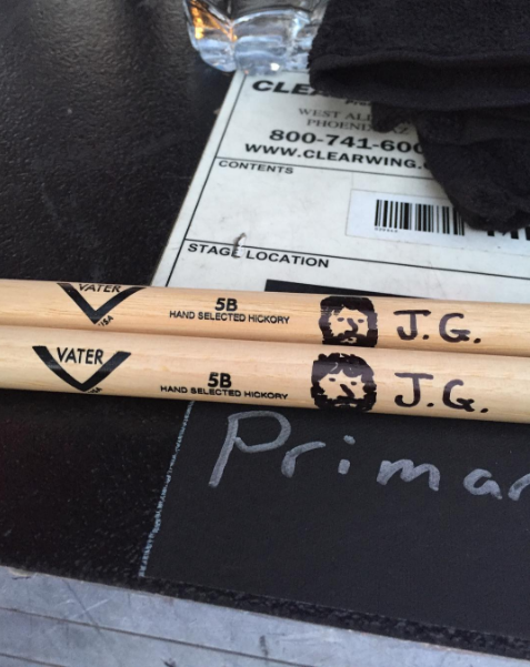 My crew is the damn best. Thanks Mcgee for personalizing some sticks for my little solo. #onstage #summertour #drummerboy